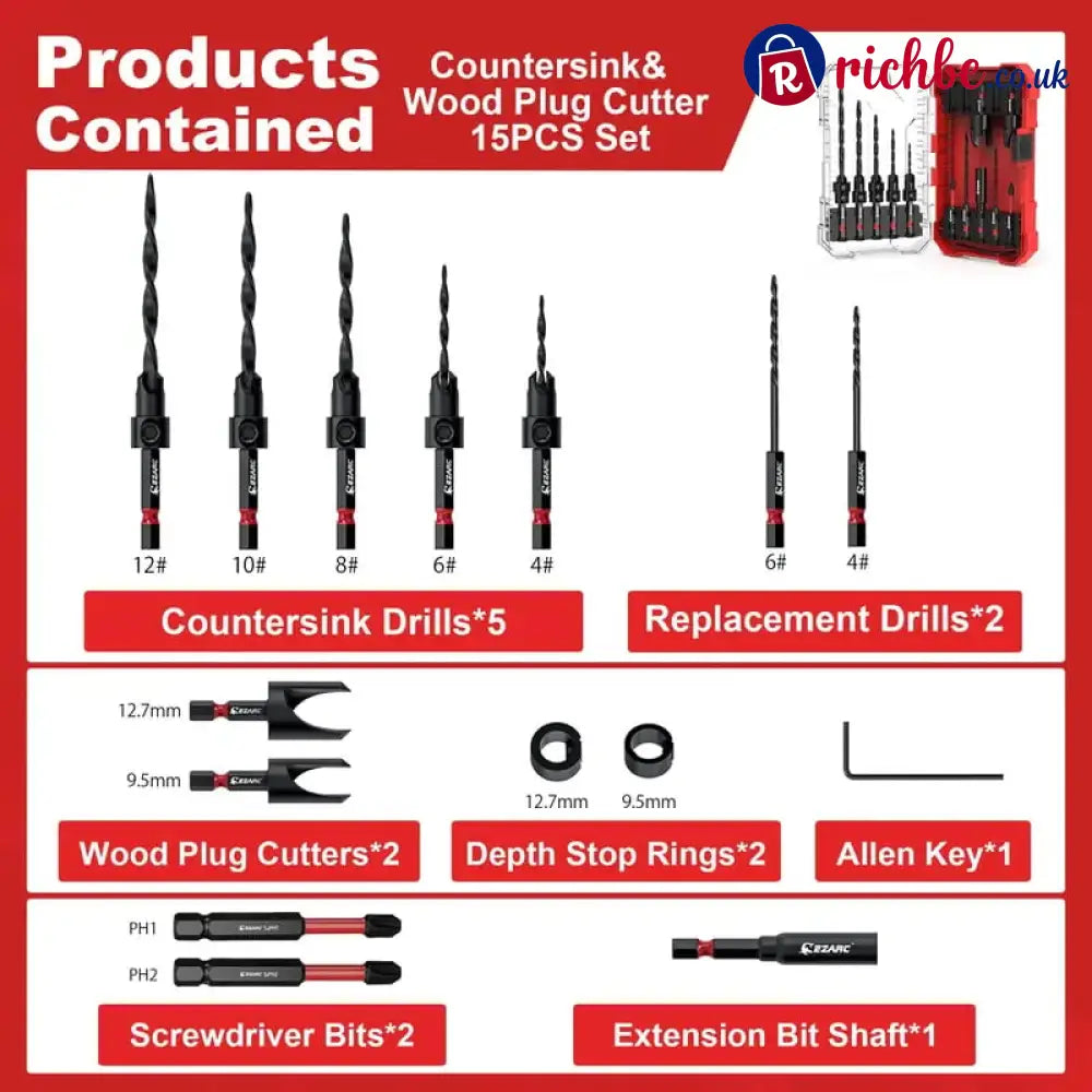 🛠️ Wood Countersink Drill Bit Set with 1/4’’ Hex Shank – Precision Woodworking Tool Kit